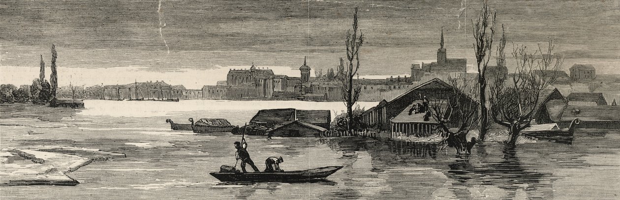 De katastrofala översvämningarna i Österrike-Ungern: Utsikt över Raab som nyligen översvämmats av Donau, från "The Graphic", 20 januari 1883 av English School
