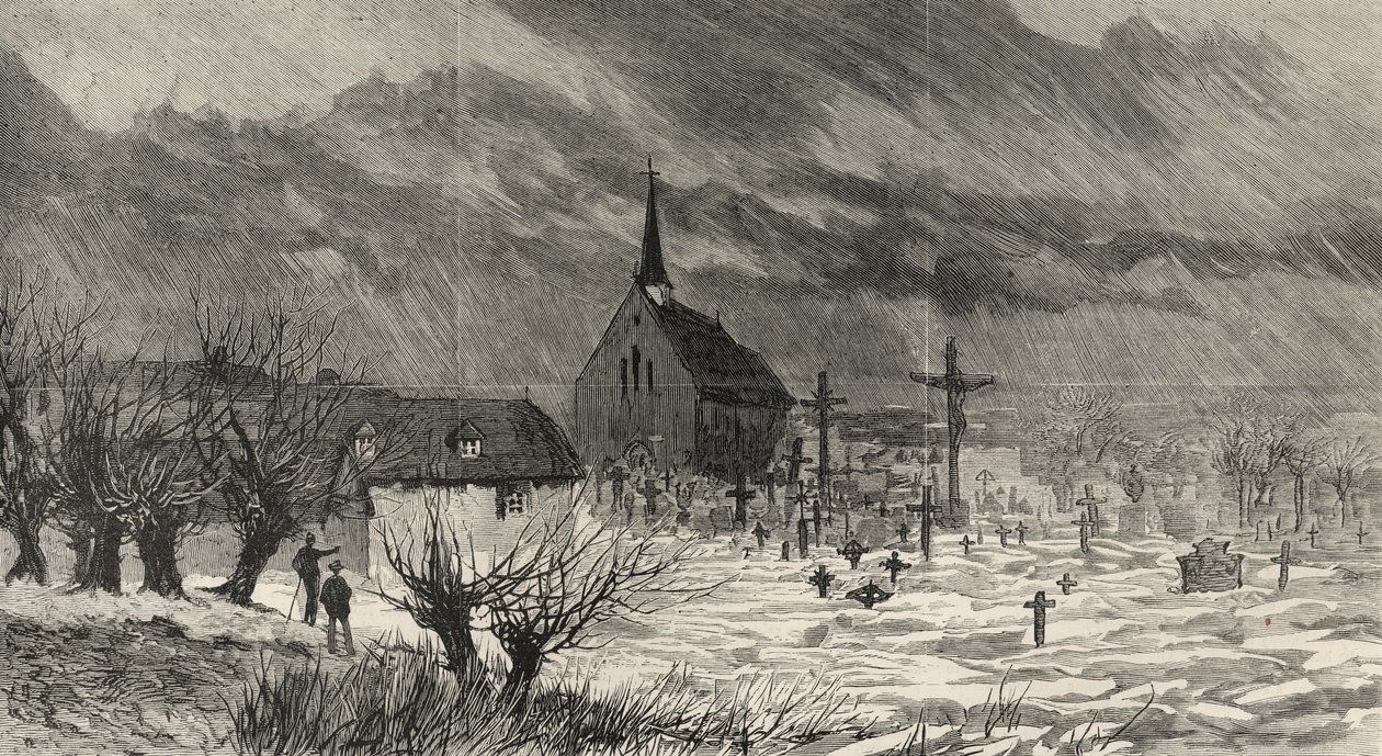 De katastrofala översvämningarna i Österrike-Ungern: Utsikt över Raab som nyligen översvämmats av Donau, från "The Graphic", 20 januari 1883 av English School