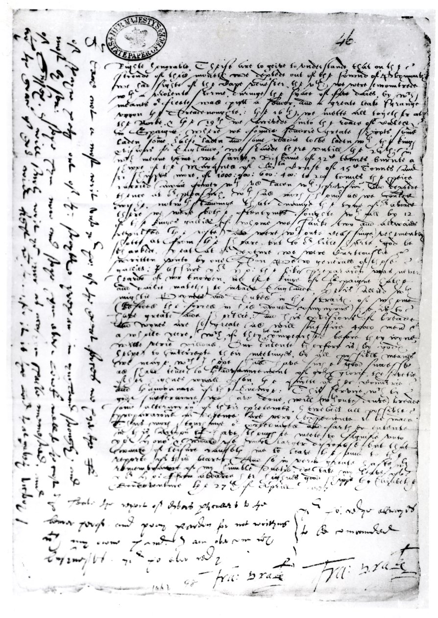 De skriftliga utskick av Sir Francis Drake (ca 1540-96) från Cadiz, 1587 (penna och bläck på papper) av English School