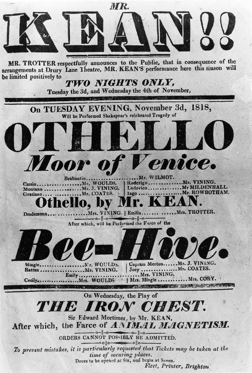 Theatre Bill reklamföreställningar av Mr. Kean, 1818 (tryckt papper) av English School