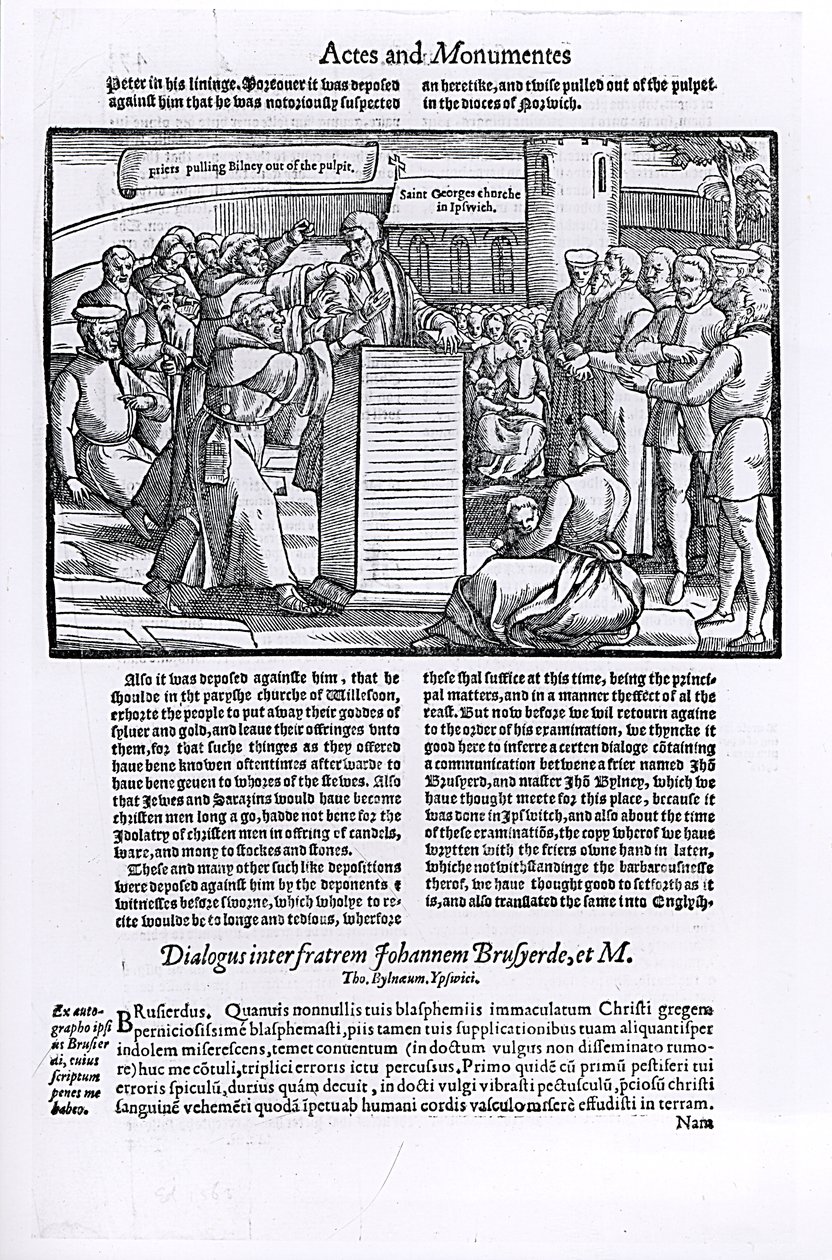 Thomas Bilney (d.1531) dras från predikstolen, från "Acts and Monuments" av English School