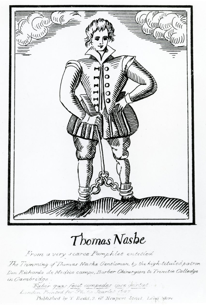Thomas Nashe Från en mycket sällsynt broschyr med titeln "The Trimming of Thomas Nashe Gentleman", publicerad omkring 1819. av English School