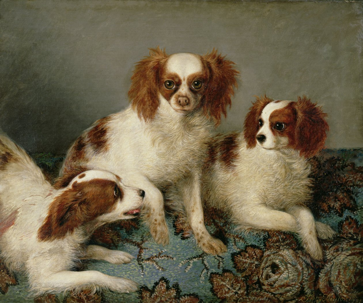 Tre Cavalier King Charles Spaniels på en matta av English School