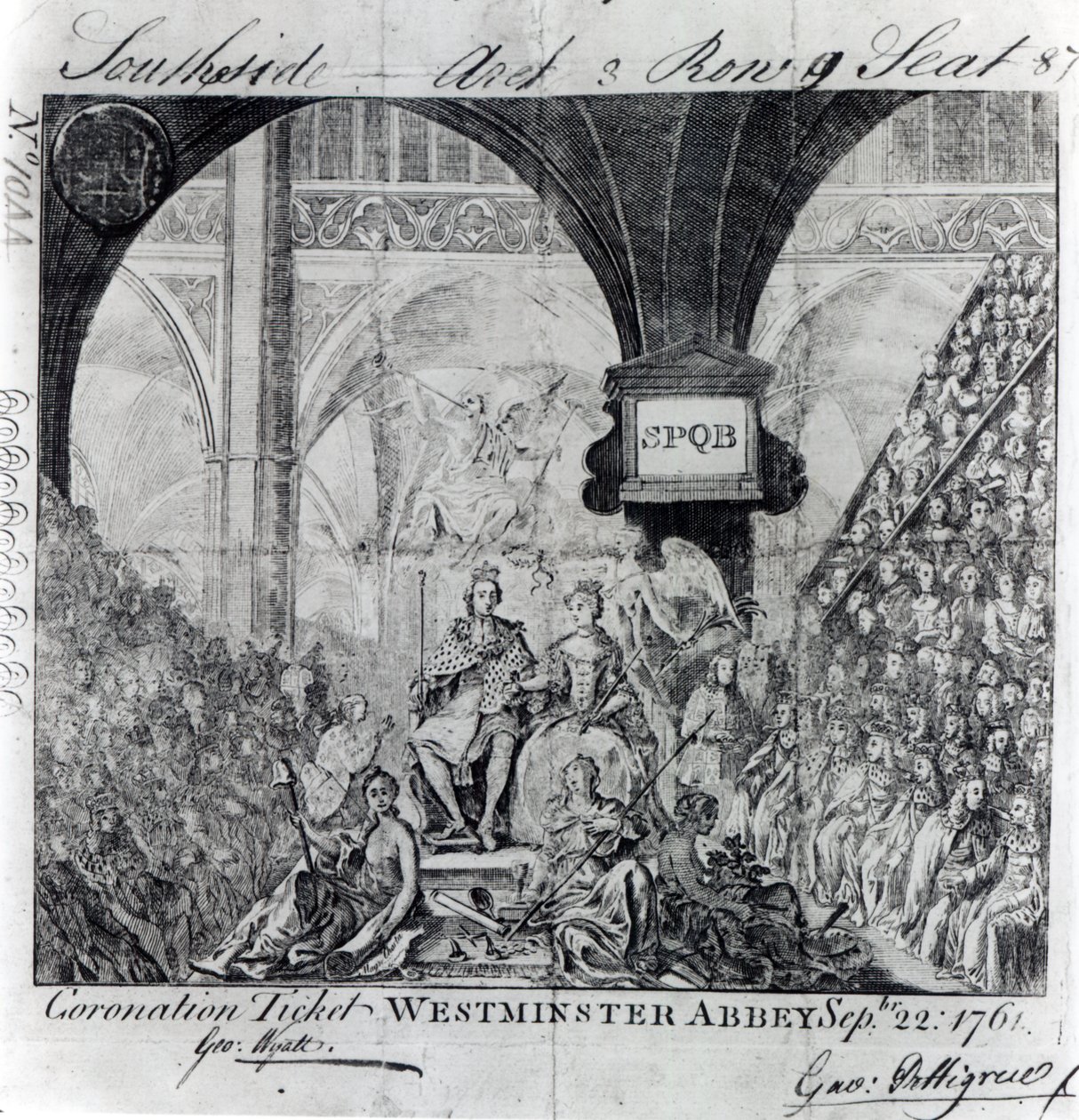 Biljett till George III:s kröning i Westminster Abbey den 22 september 1761 av English School