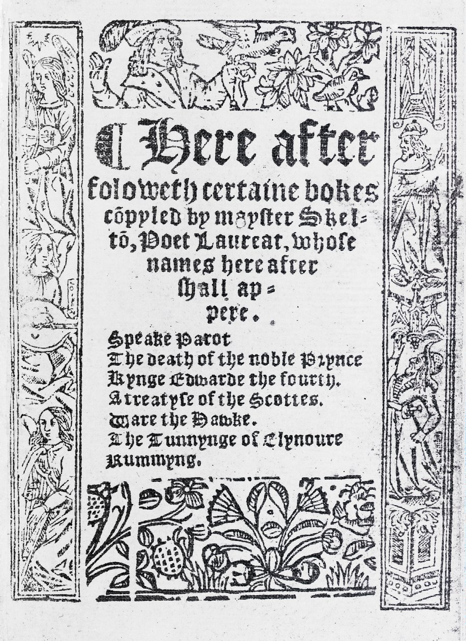 Titelsida för "Certaine Bokes Copyled by Mayster Skelton" av John Skelton, publicerad ca 1550 (tryckt papper) av English School