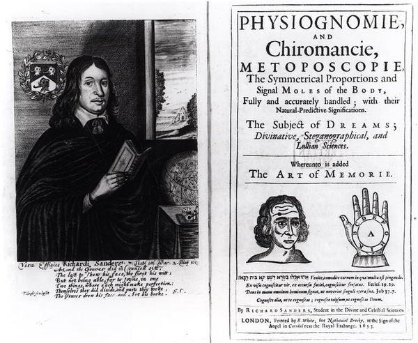 Titelblad till Physiognomie och Chiromancie: The Art of Memory av Richard Sanders, med ett porträtt av författaren, utgiven 1653 av English School