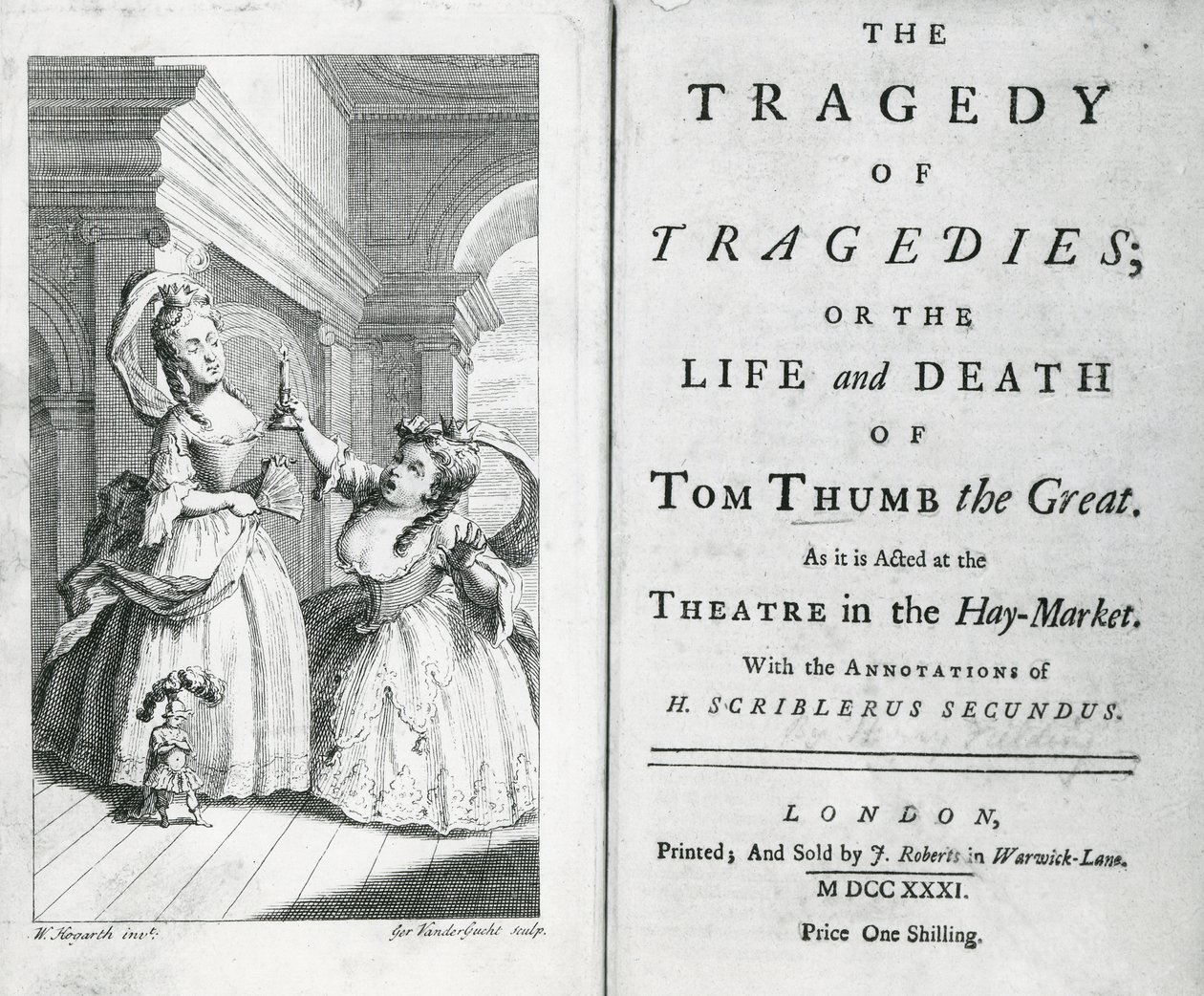 Titelsidan för manuset av Tom Thumb, 1731 av English School