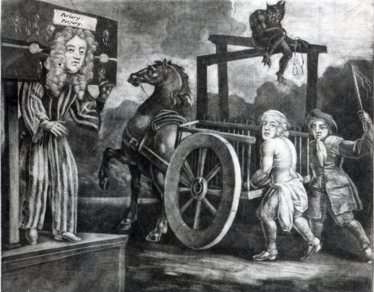 Titus Oates på den tredje dagen av sitt straff 1685, när han blev avklädd, bunden till en vagn och piskad från Aldgate till Newgate av English School