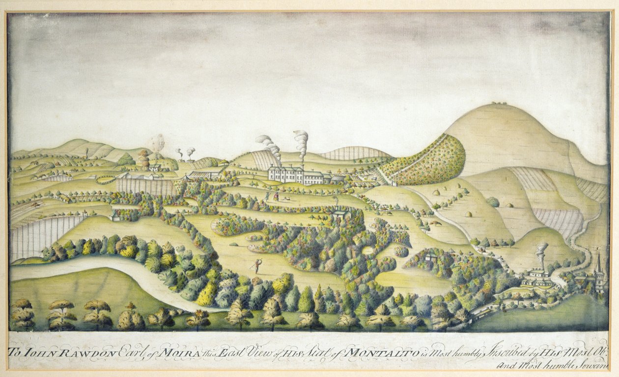 Till John Rawdon, Earl of Moira, denna östvy av hans säte i Montalto, ca 1800 (penna och wc) av English School