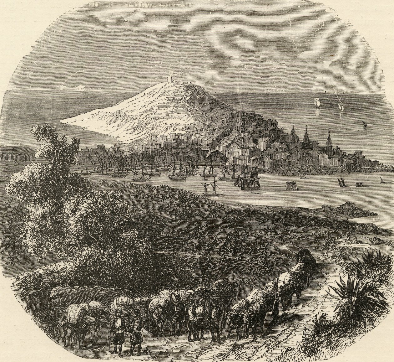 Town and Bay of Coruna, Spanien, illustration från "Spanish Pictures" av pastor Samuel Manning av English School