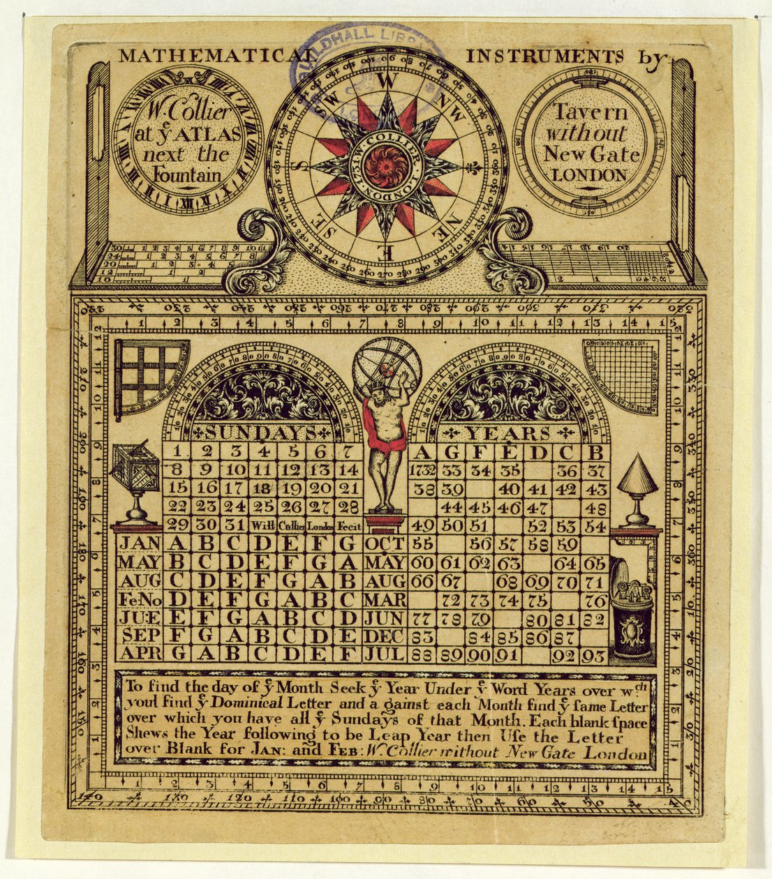 Handelskort av W. Collier, tillverkare av matematiska instrument, 1731 av English School