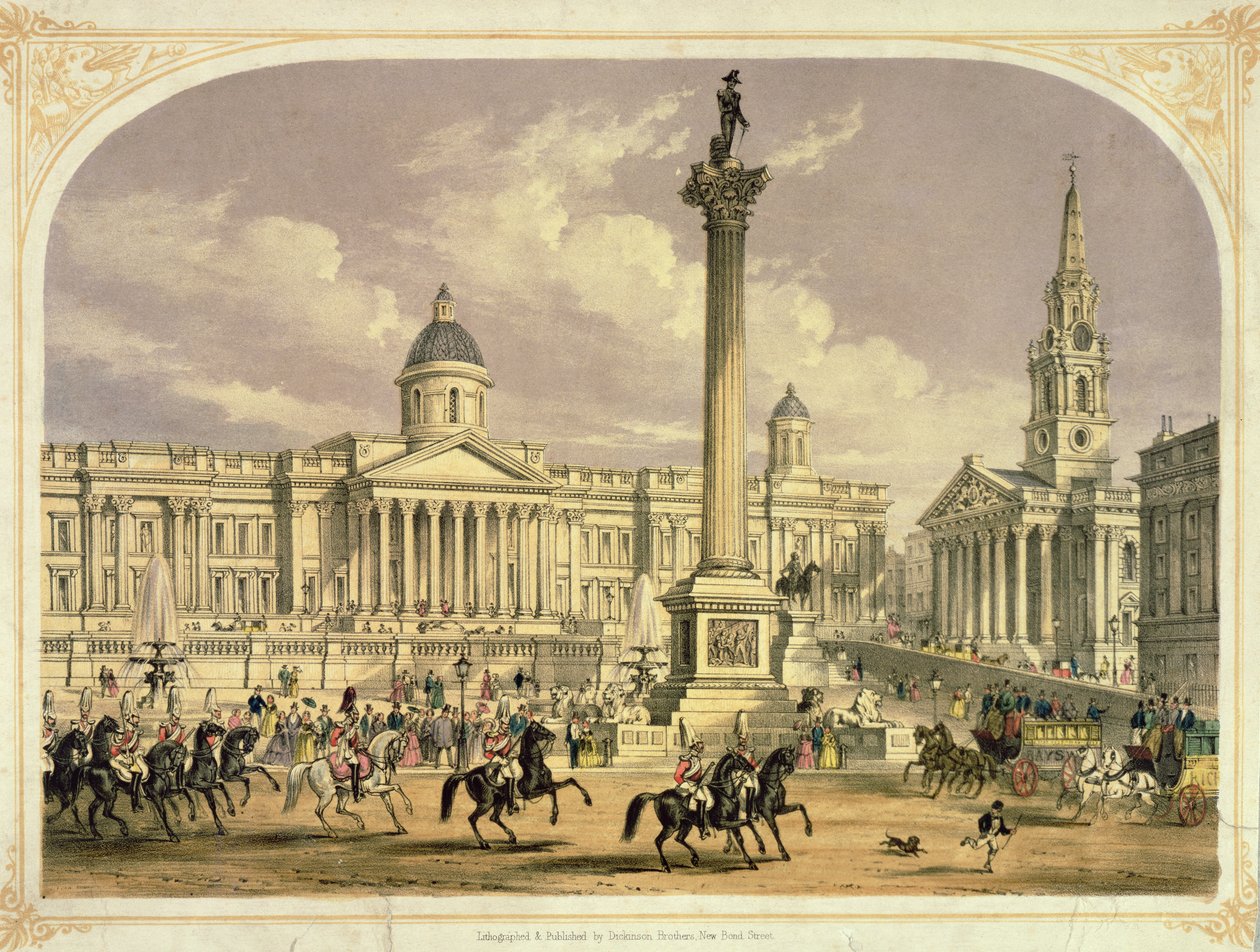 Trafalgar Square, publicerad av Dickinson Brothers, 1800-talet (tryck) av English School