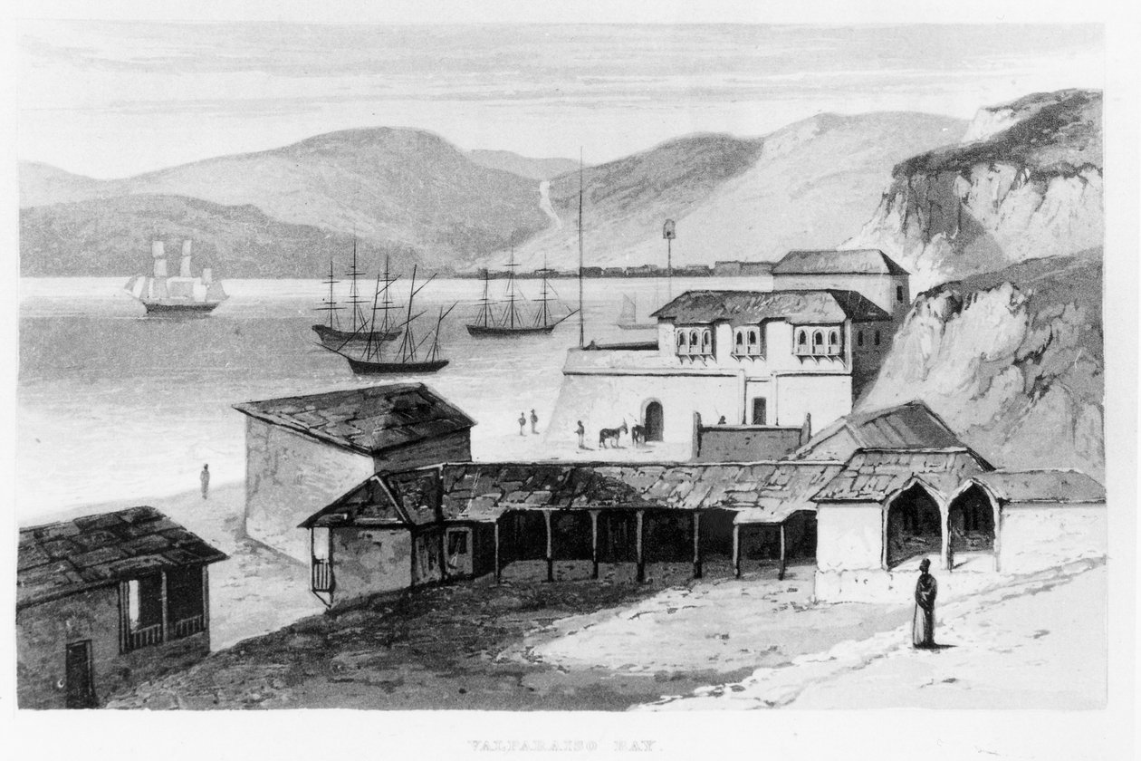 Valparaiso Bay ca 1820, från "Resor i Sydamerika" av Alexander Caldcleugh, publicerad 1825 av English School