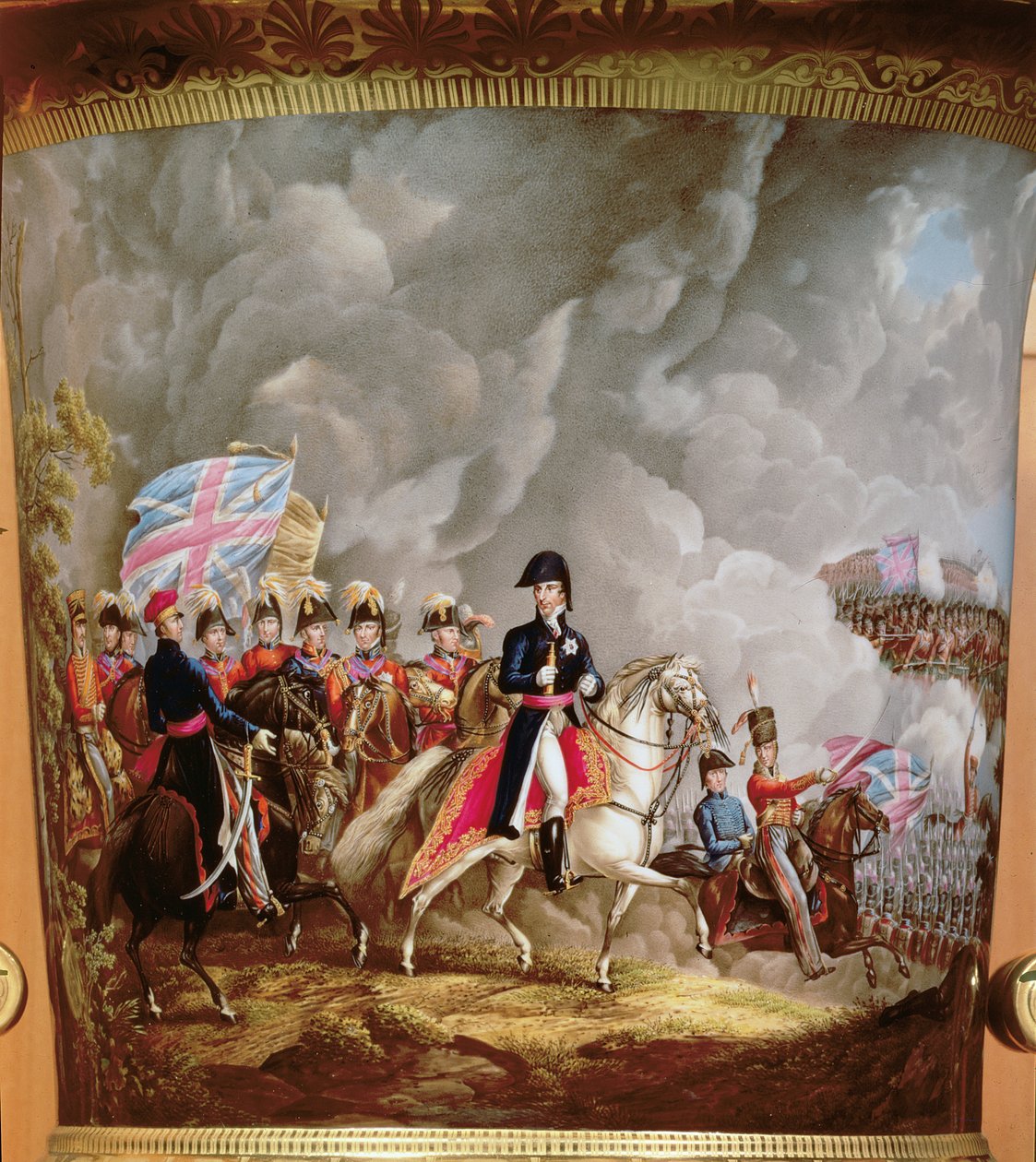 Vas med skildring av Wellington och hans officerare vid slaget vid Waterloo 1815 (keramik) av English School