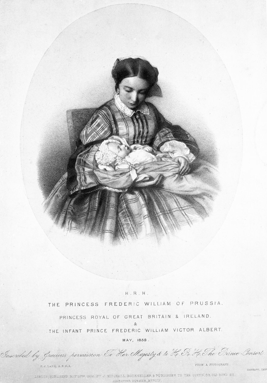 Prinsessan Victoria (1840-1901) med sin son, prins Frederick William Victor Albert, maj 1859, från ett fotografi. av English School