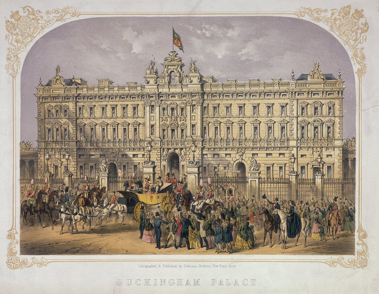 Utsikt över Buckingham Palace med en folkmassa utanför som applåderar drottning Victoria (1819-1901) och prins Albert (1819-61) när de åker ut i en vagn, ca 1855 av English School