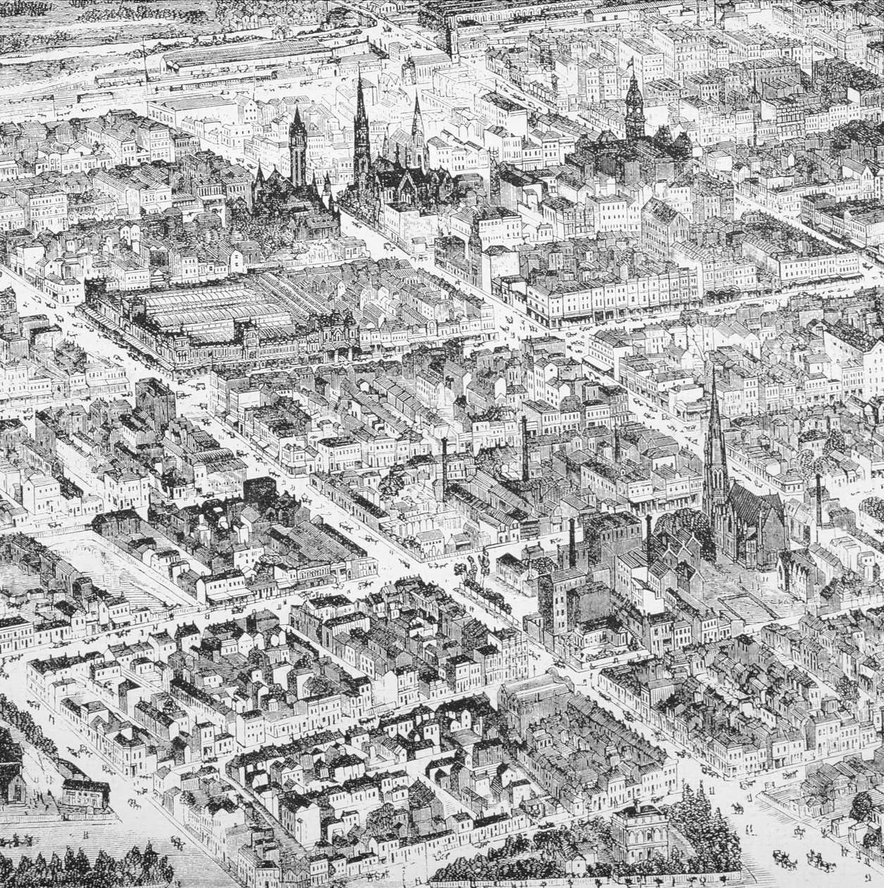 Vy över centrala Melbourne, Australien, från "Australian Pictures", pub. av The Religious Tract Society, 1886 av English School