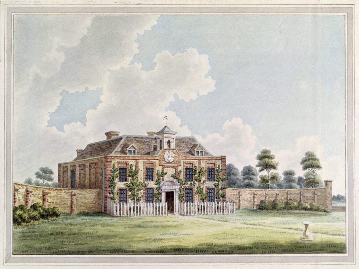 Vy över Dawley House, Harlington, Middlesex, ca 1820 (färggravyr) av English School
