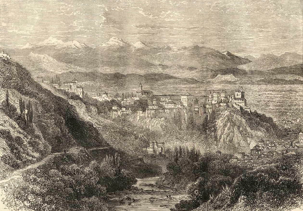 Vy över Granada, illustration från "Spanish Pictures" av pastor Samuel Manning av English School