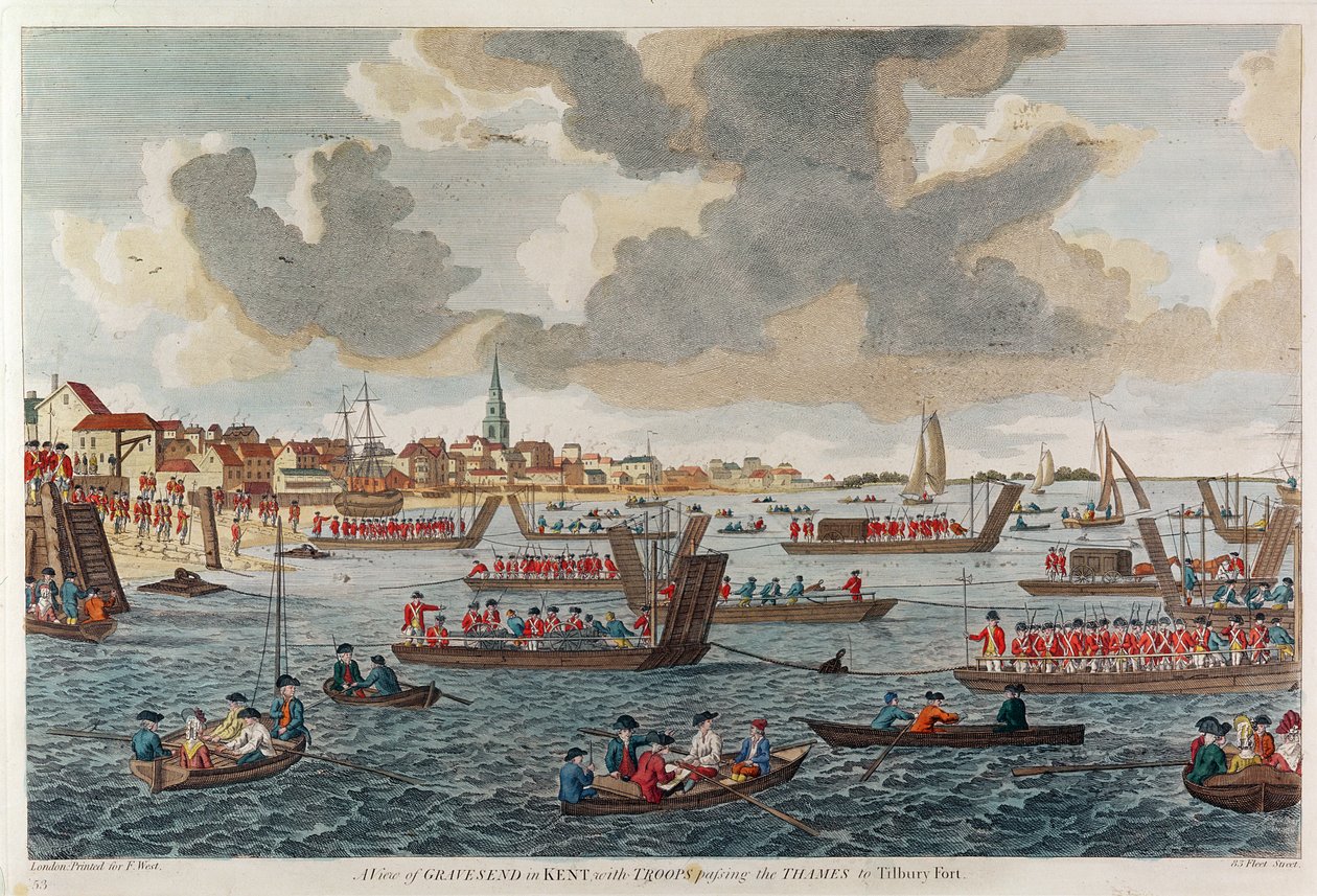Udsigt over Gravesend med tropper, der krydser Themsen til Tilbury Fort swed av English School