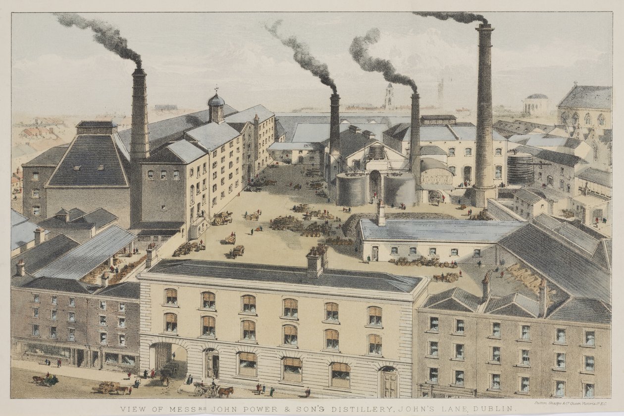 Utsikt över Mrs. John Power & Sons Distillery, Johns Lane, Dublin, ca 1845 av English School