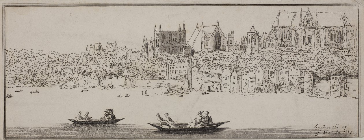 Utsikt över Westminster Abbey och Palace of Westminster från Themsen med båtar i förgrunden, ca 1750 (etsning och akvatint) av English School