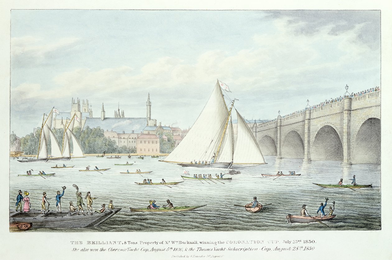 Utsikt över Westminster och bron, med en seglingsmatch, 1830 av English School