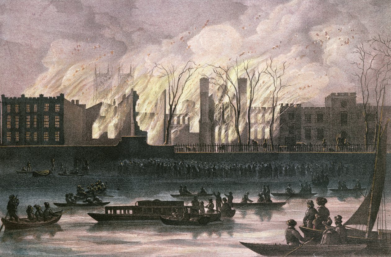 Utsikt över en brand på Whitehall Palace (pastell på papper) av English School