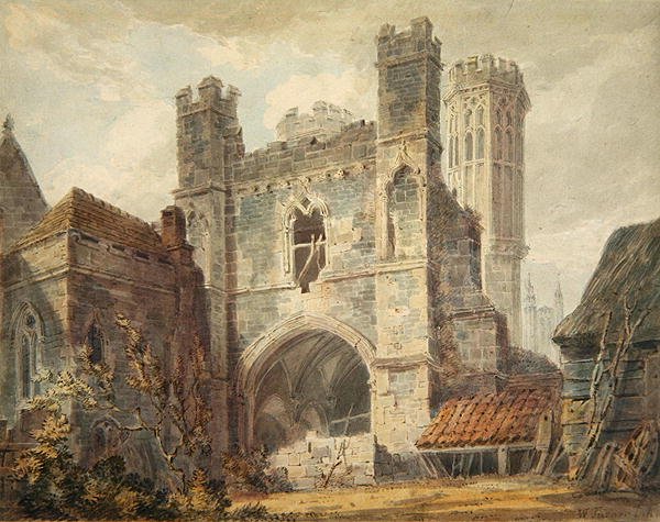 Utsikt över ett förstört lanthus, 1853-84 av English School
