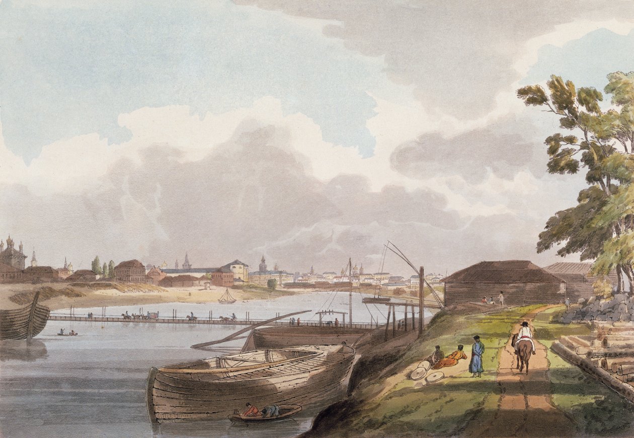 Utsikt över staden Moskva från Mosquas stränder och nära klostret Spas na Novoi, skylt 2 från Historical Sketch of Moscow, pub. av Rudolph Ackermann (1764-1834) 1813 (akvatint) av English School