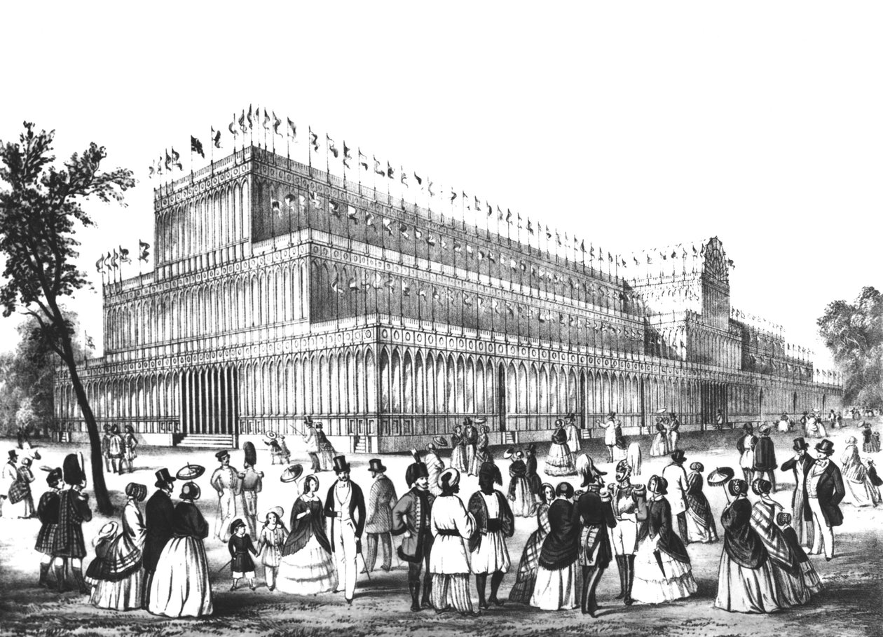 Udsigt over det ydre af Crystal Palace, bygget til den store udstilling i 1851 swed av English School