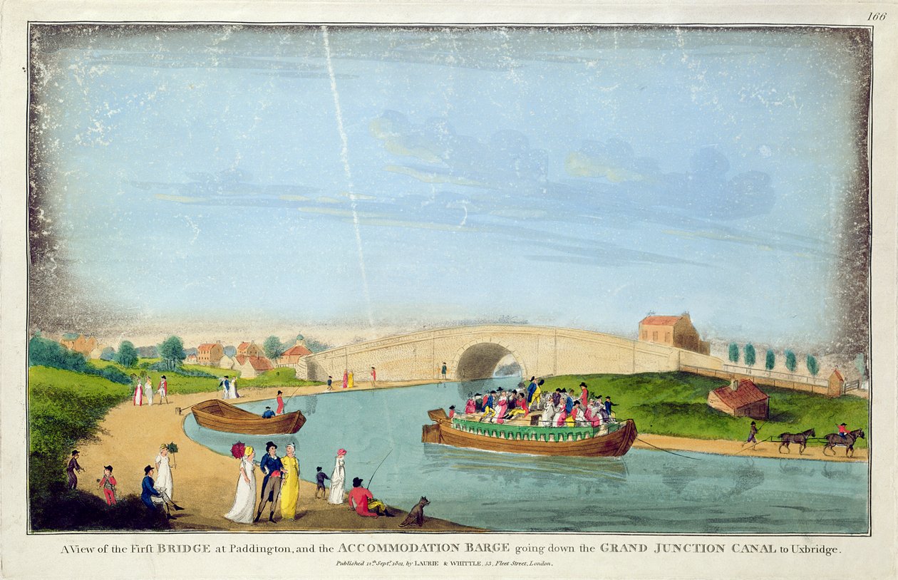 Utsikt över First Bridge, Paddington och Accommodation Barge som går nerför Grand Junction Canal till Uxbridge, 1801 av English School