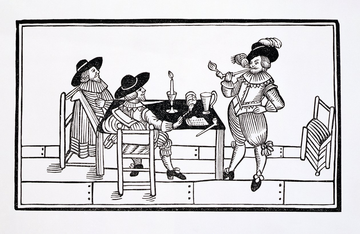 Vinodlare i ett ölhus i Tudor, från ett broadsheet Health to All, 1642 av English School