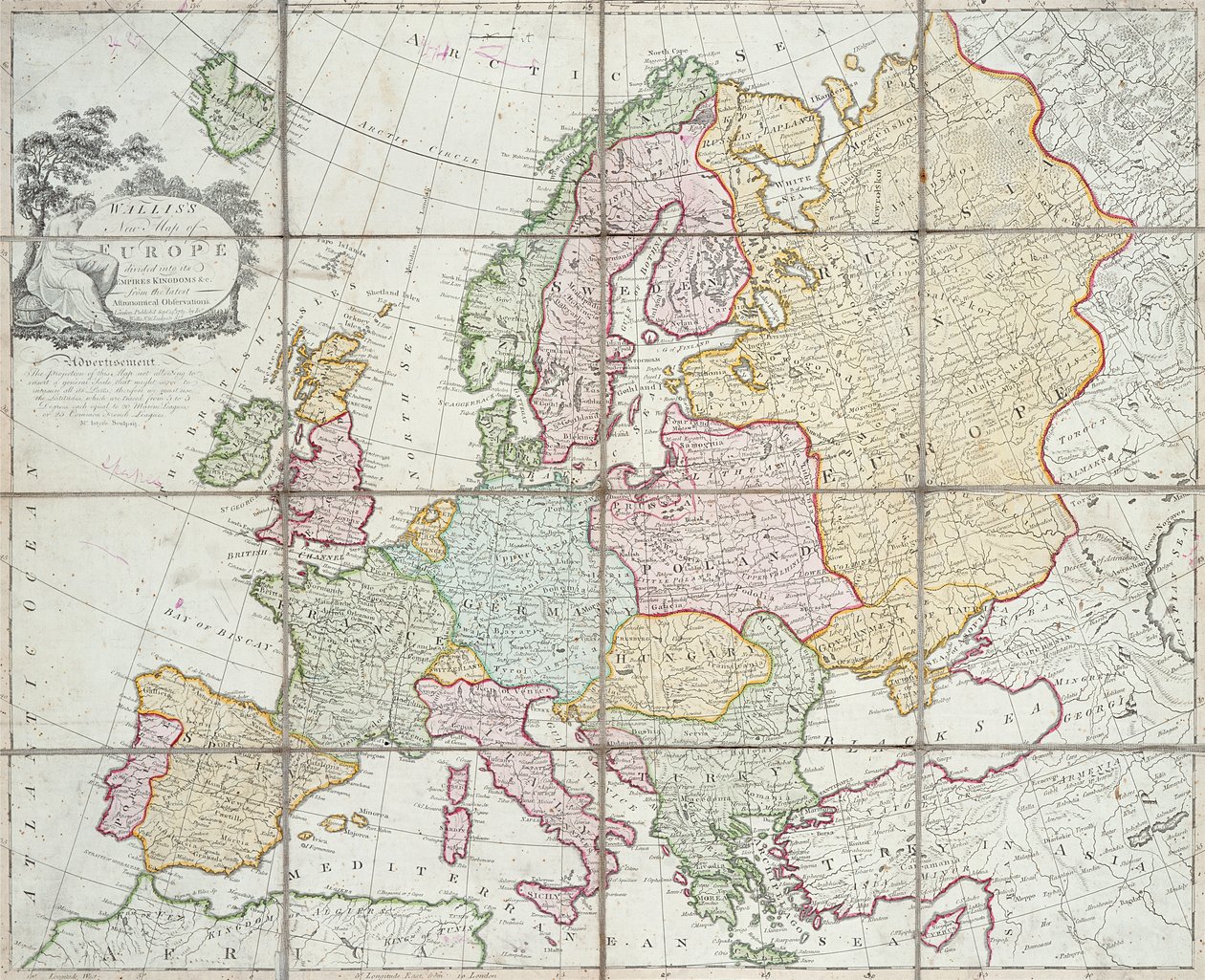 Wallis New Map of Europe Divided into its Empires Kingdoms undc, 1789 (handfärgad gravyr) av English School