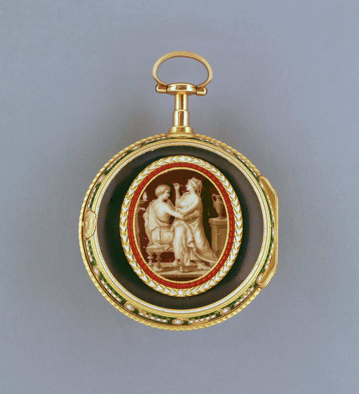 Klocka, signerad Jas.Upjohn und Co., London, 1778-79 (emaljerat guld) av English School