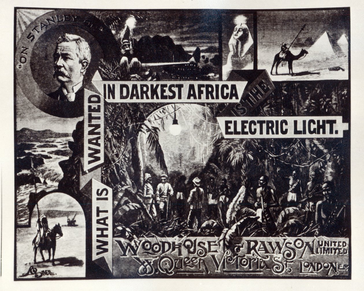 "What is Wanted in Darkest Africa is the Electric Light", annons för Woodhouse und Rawson ltd av English School