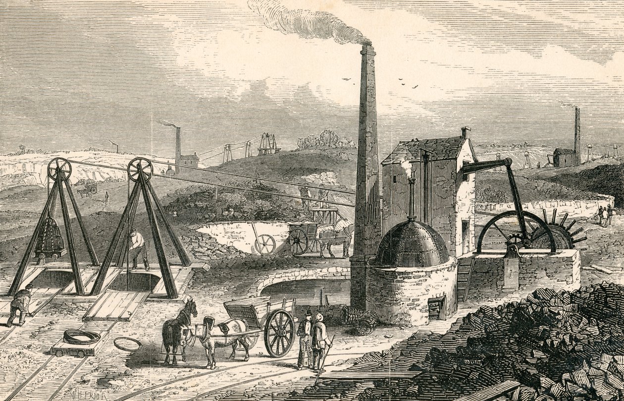 Whimsey eller motor som drar kol i Staffordshires kolgruvor, från "Cyclopaedia of Useful Arts and Manufactures" av Charles Tomlinson. av English School
