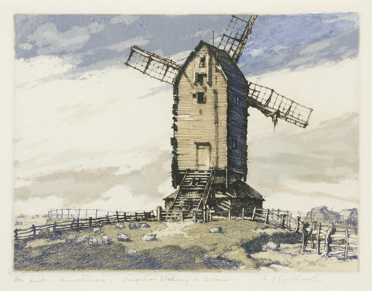 Väderkvarn, Winchelsea, East Sussex (färgad mezzotint) av English School
