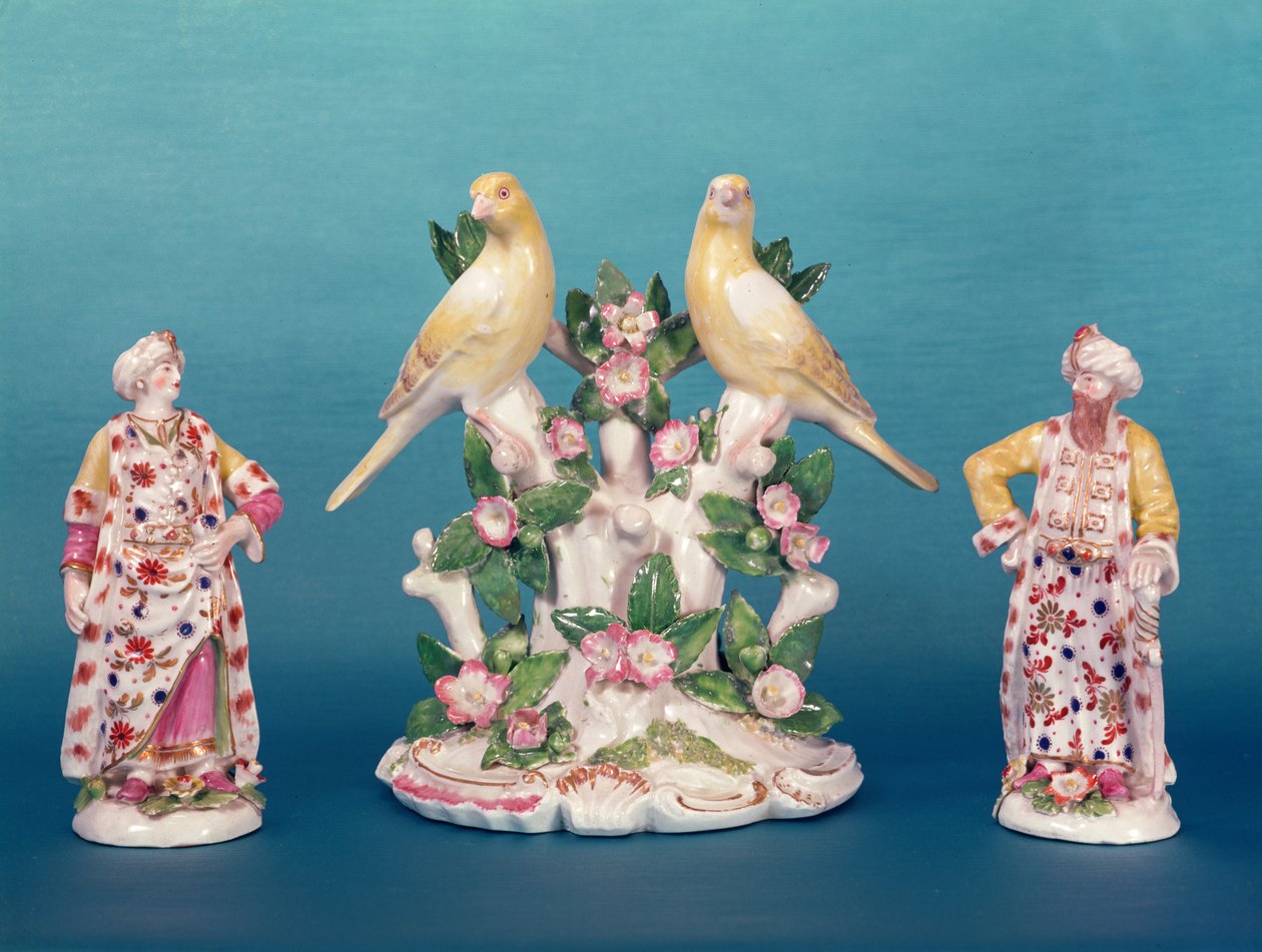 Worcesterfigurer av en turk och hans följeslagare med fåglar, Dr. Wall-period, ca 1770 (porslin) av English School
