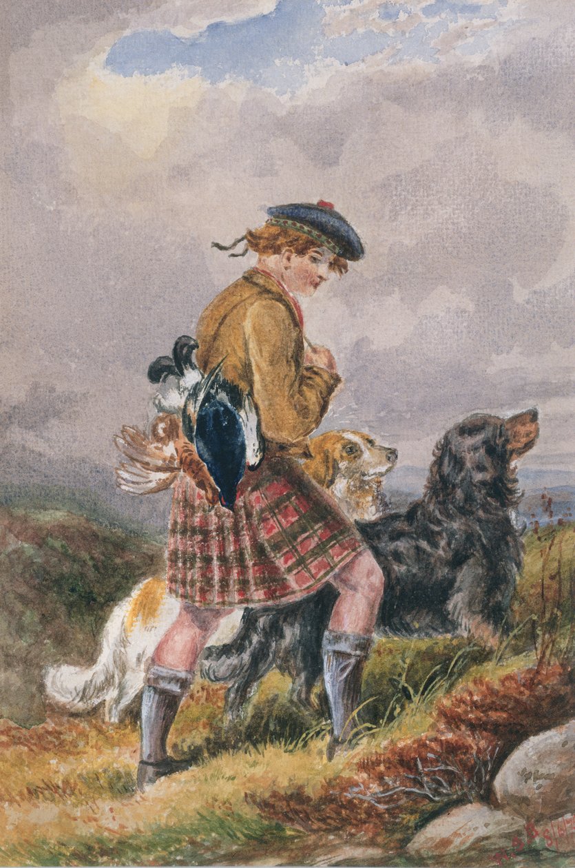 Ung skotsk viltvårdare med död vilt, ca 1865 (wc på papper) av English School