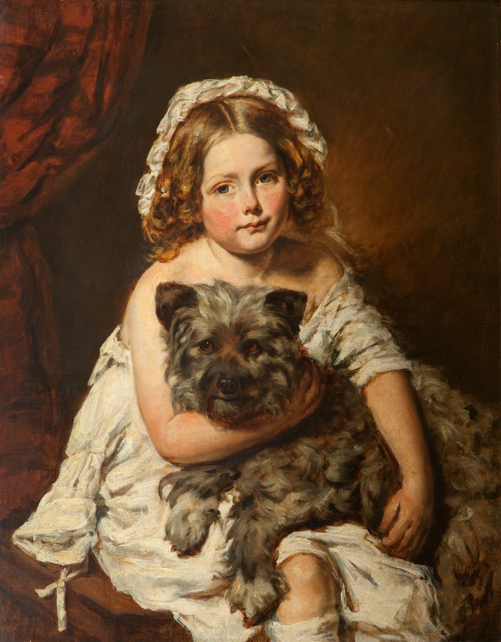 Ung flicka med sin hund (olja) av English School