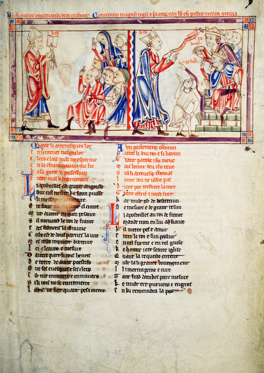 f.2 LtoR Thomas a Becket uttalar domen om bannlysning mot sina fiender och argumenterar för sin sak inför kung Henrik II av England och kung Ludvig VII av Frankrike, från Becket Leaves, c.1220-40 av English School
