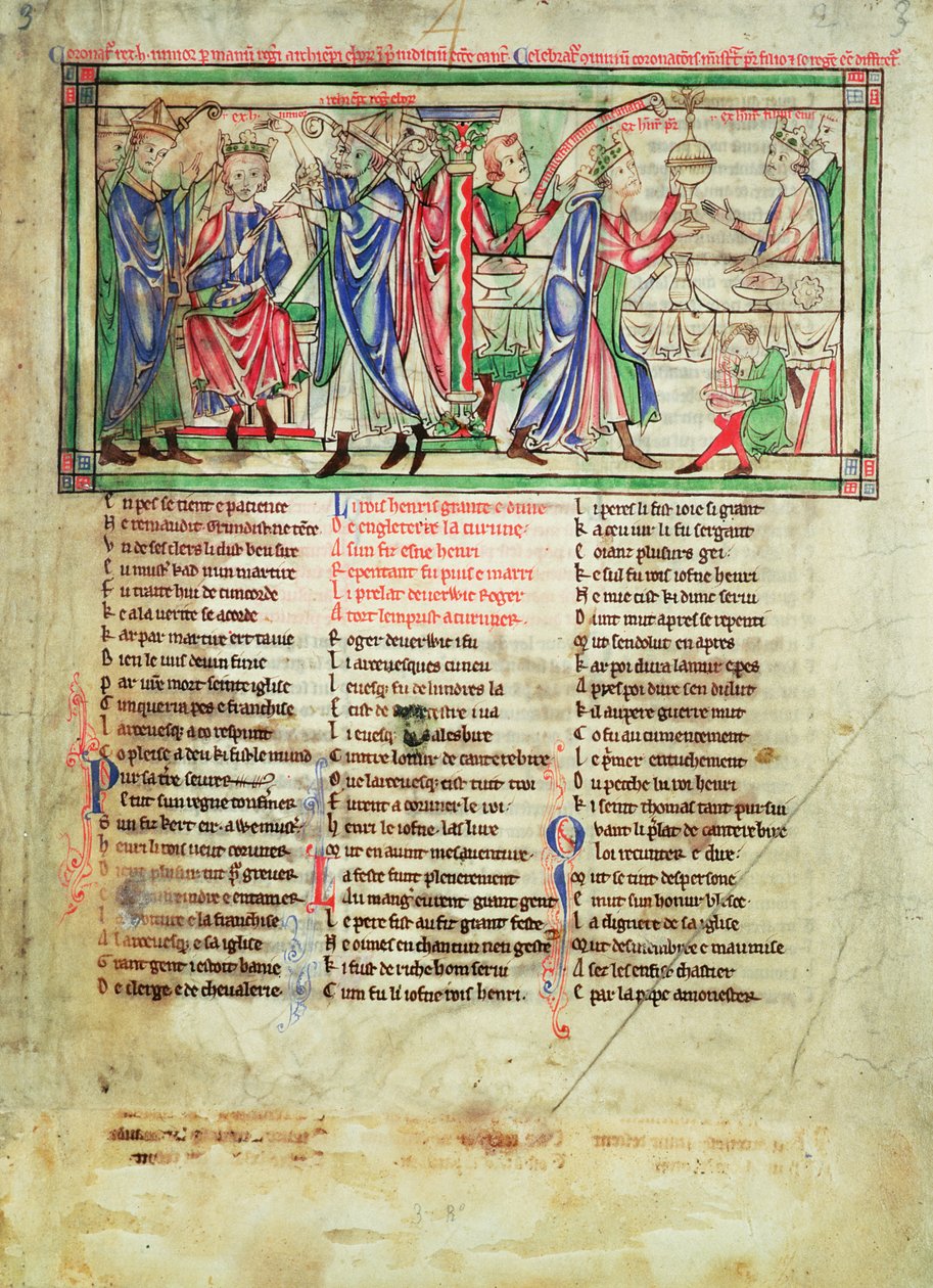 f.3 Kröningen av kung Henrik II:s son, även kallad Henrik, av Roger av Pont lEveque, ärkebiskop av York 1170, från Becket Leaves, c.1220-40 av English School