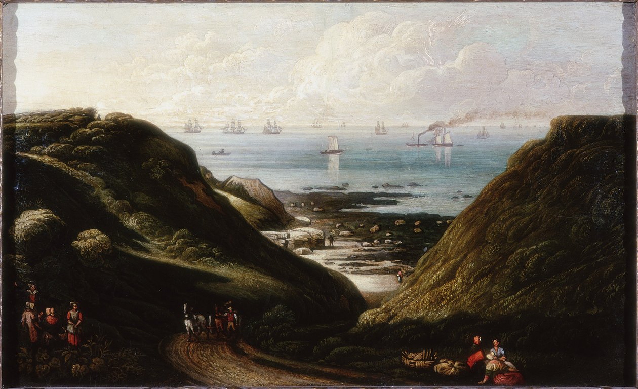 Coast Scene (olja och penna ombord) av English School English School