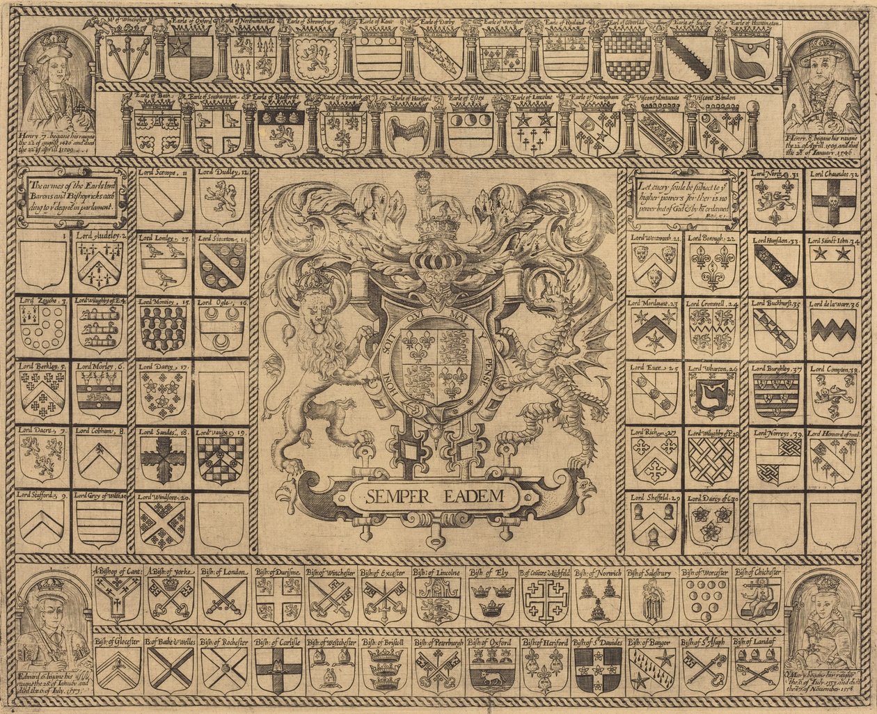 Vapensköldar med hörnporträtt av Henrik VII, Henrik VIII, Edward VI och Maria av English 16th Century