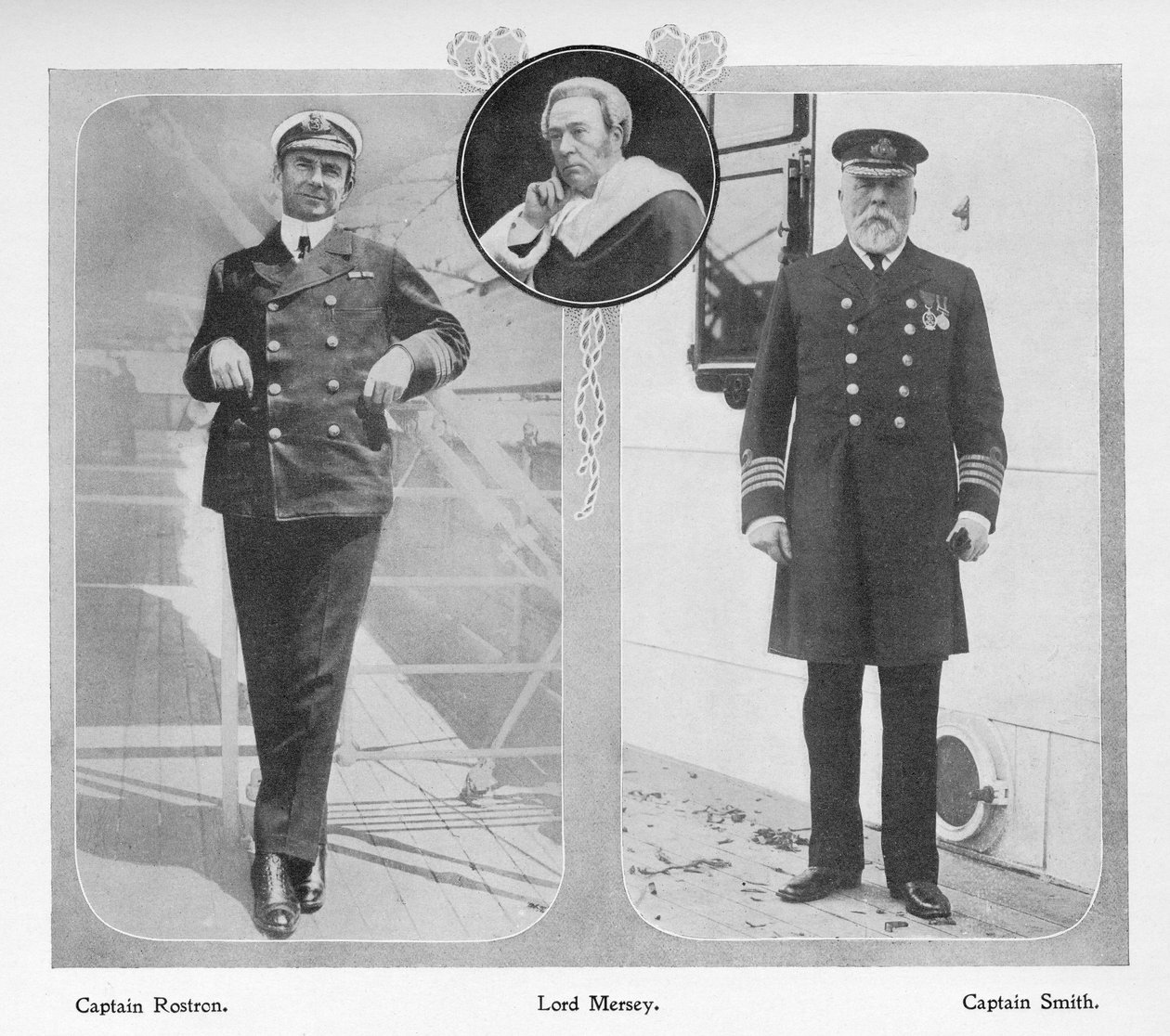 Arthur Henry Rostron, kapten på RMS Carpathia som räddade Titanic-överlevande (till vänster), Lord Mersey som ledde Titanic Commission of Inquiry (mitten) och Edward John Smith, Kapten på Titanic (till vänster). av English Photographer