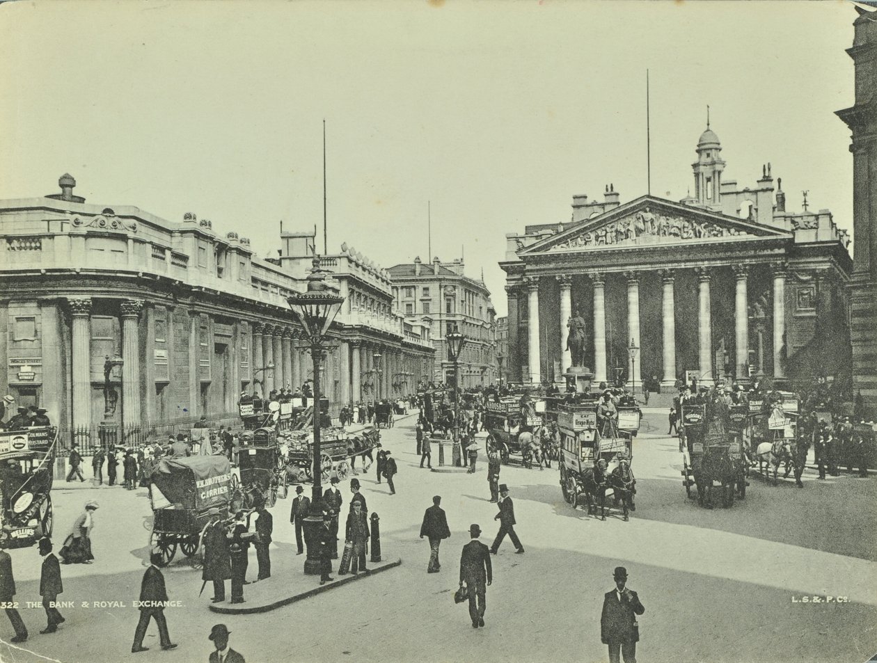 Bank of England och Royal Exchange, Threadneedle Street, City of London, 1890 av English Photographer