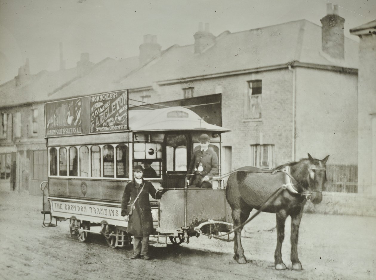 Enkelhästsbil från Croydon Tramways Company vid Red Deer-terminalen, 1885 av English Photographer