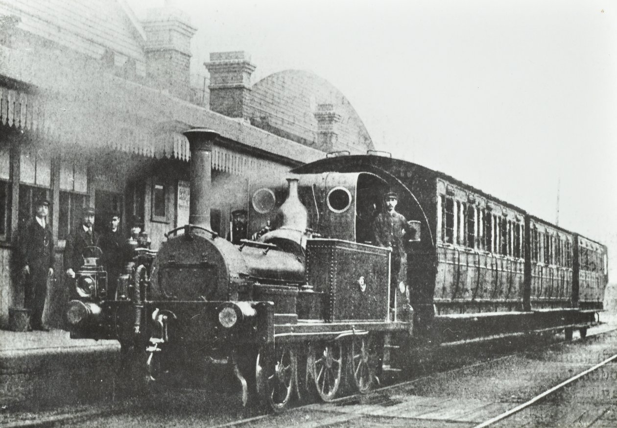 South Dock Station: ett fyrhjulskopplat tanklokomotiv vid stationen, 1880 av English Photographer