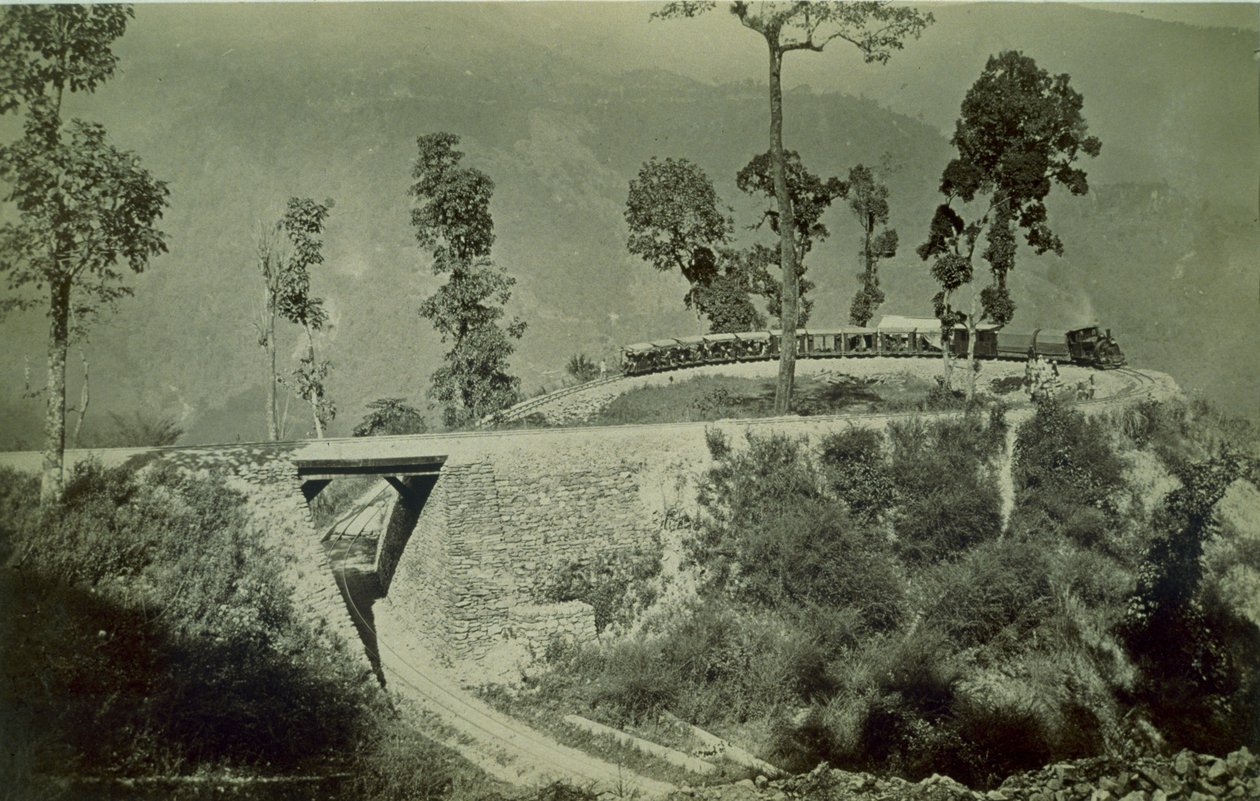 Slingan vid Agony Point vid Tindharia på Darjeeling Himalayan Railway, 1880-talet (albumintryck) av English Photographer